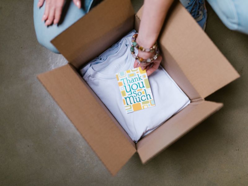 thank you note card in shipping box