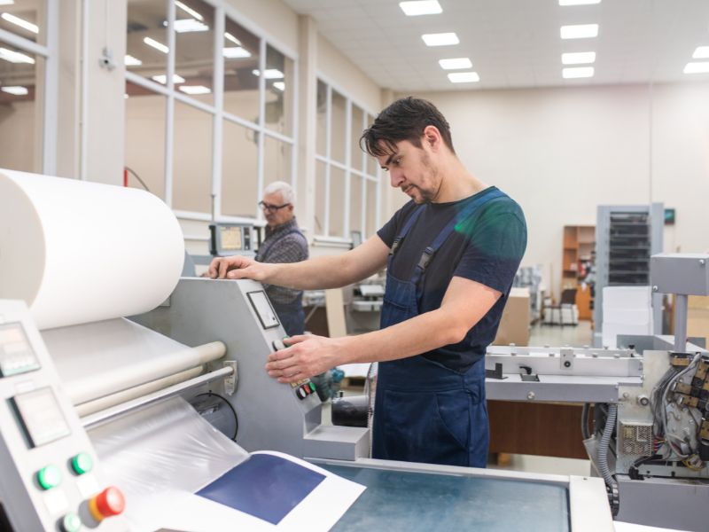 man working on printing in facility