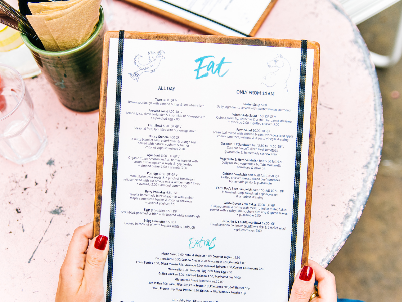 printed restaurant menu