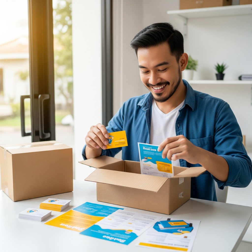 A small business owner happily unboxing freshly printed marketing materials.