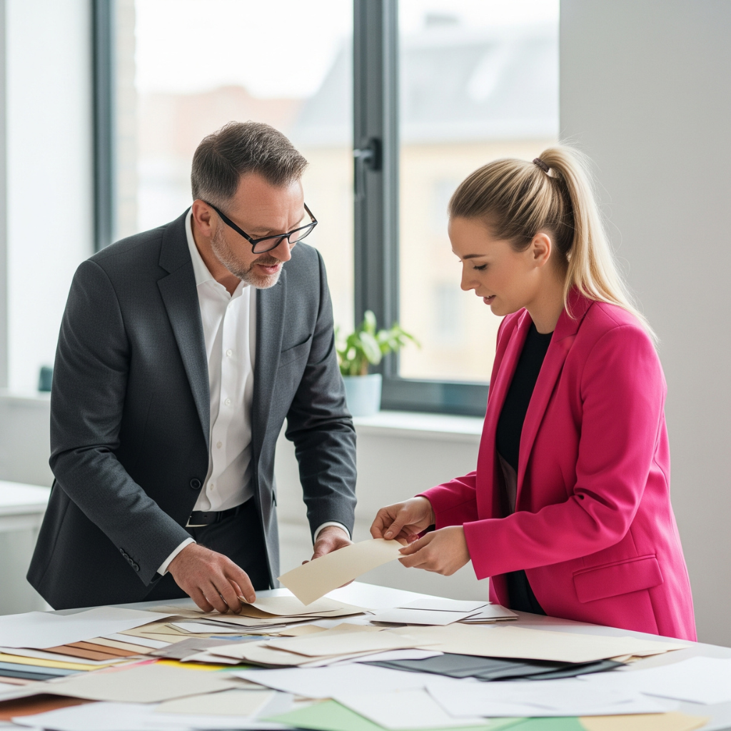 A local printing expert providing personalized service to a client.