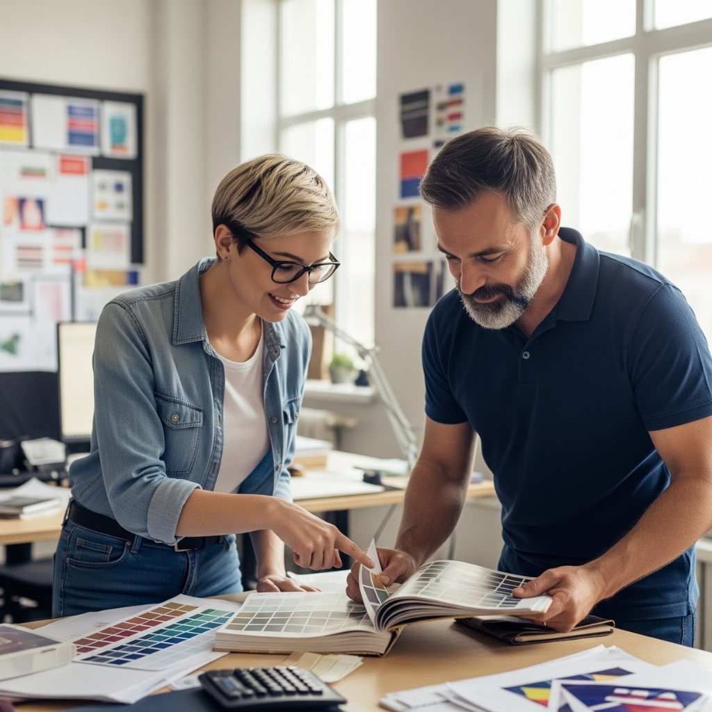 A graphic designer and print specialist collaborating over a color swatch book