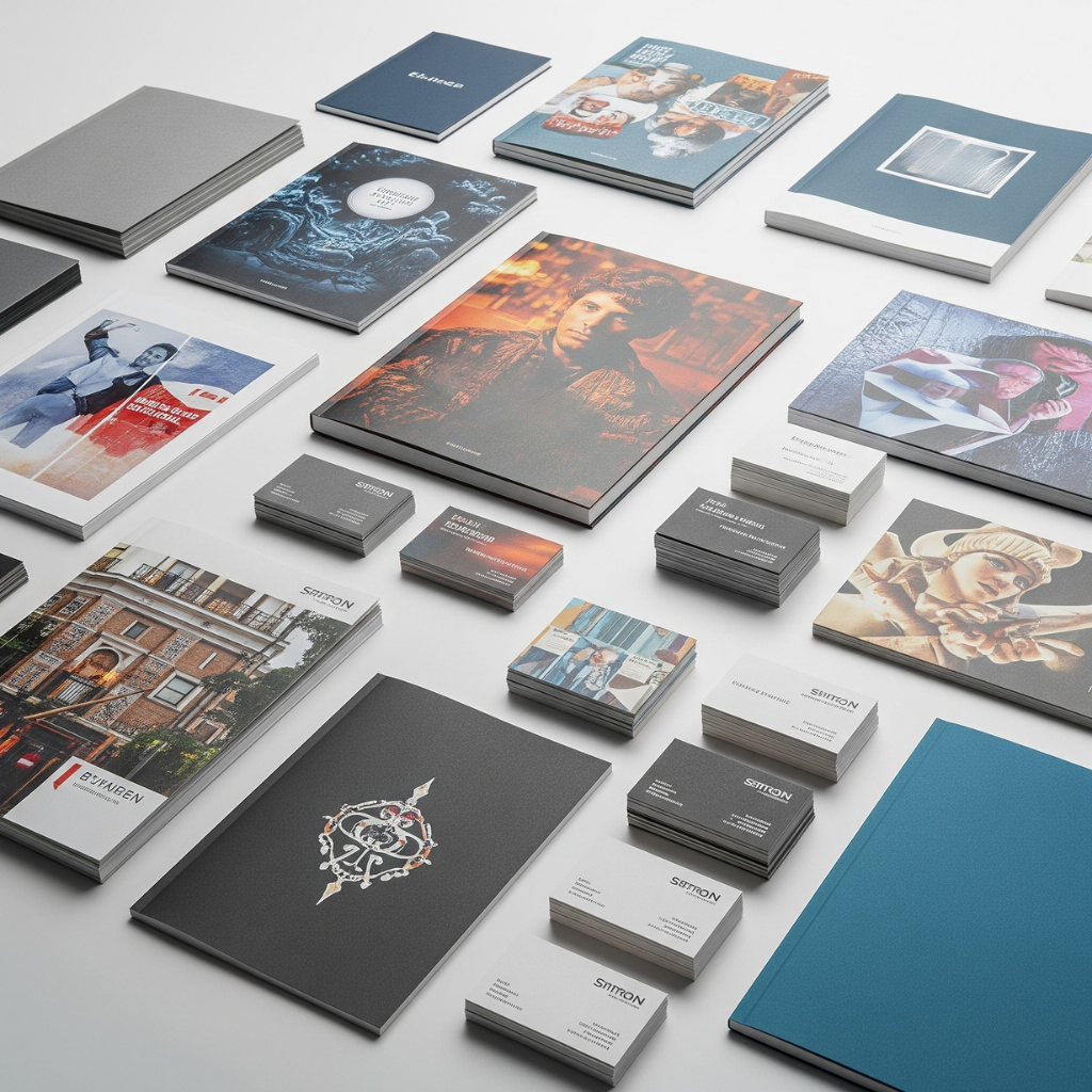 A variety of print and design materials laid out on a desk