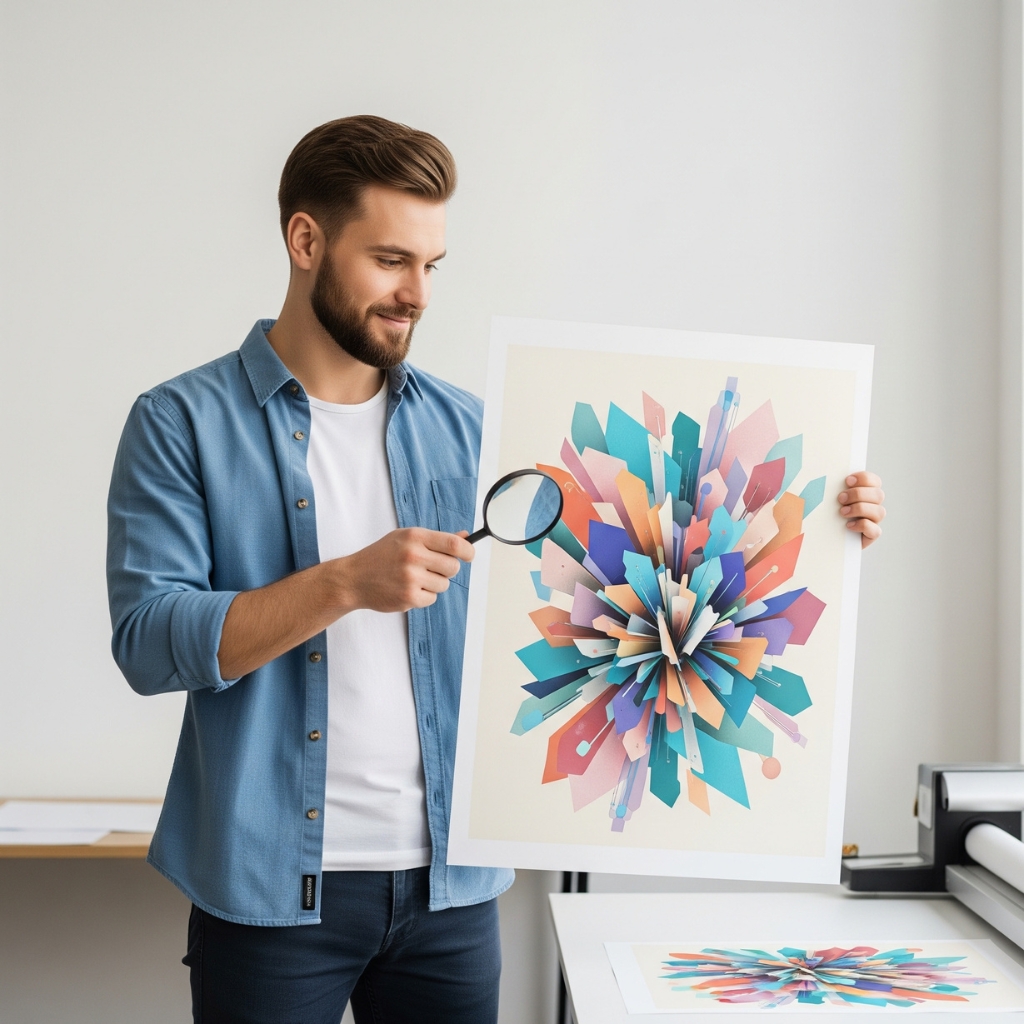 A person checking the color and detail of a new poster.