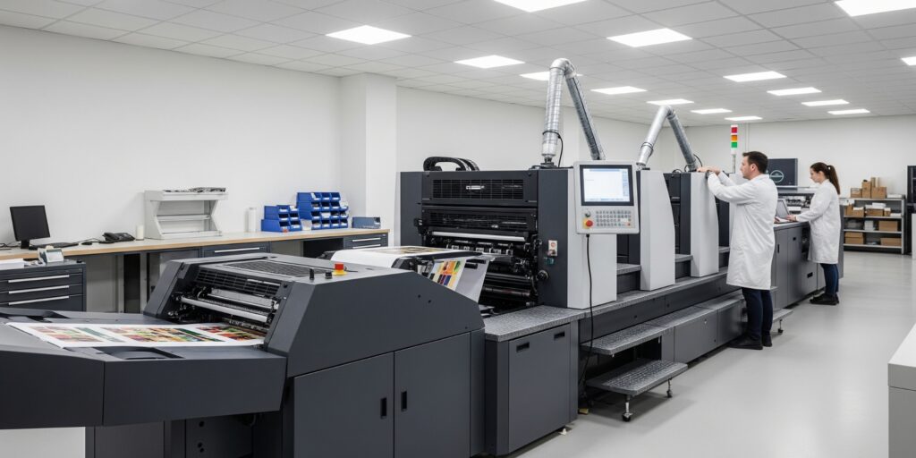 A modern digital printing press in a professional and clean print shop.