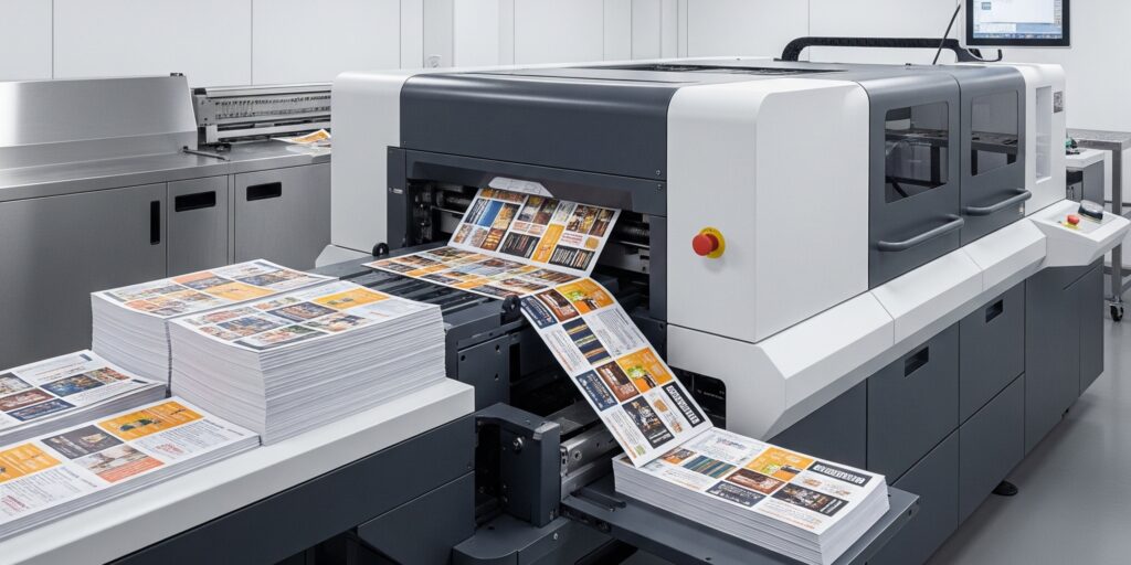 A state-of-the-art digital printing press producing high-quality, colorful marketing materials.