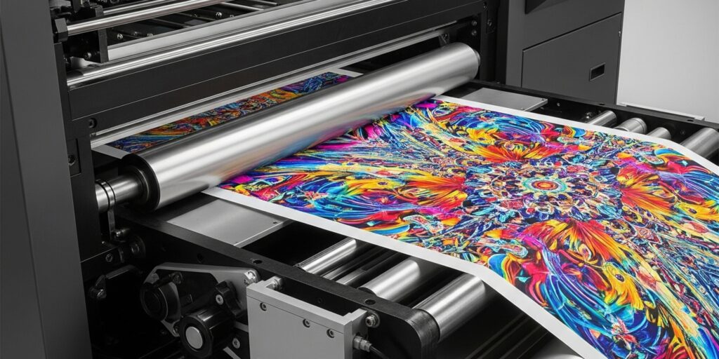 Digital printing press processing a colorful graphic.