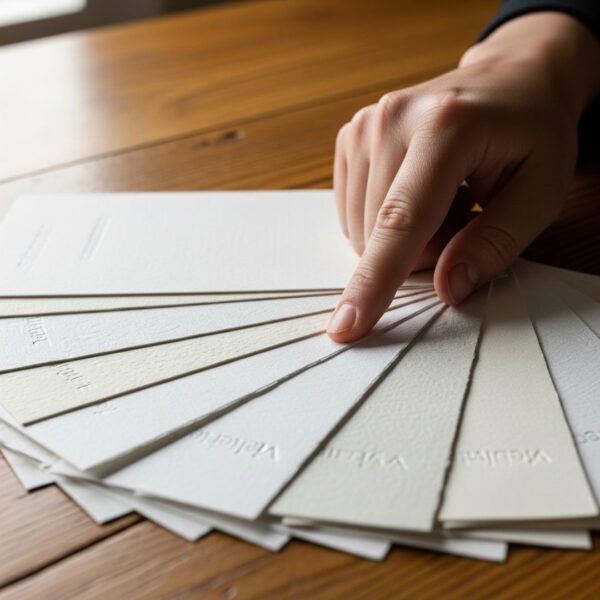 A variety of textured paper stock samples being evaluated by hand for quality