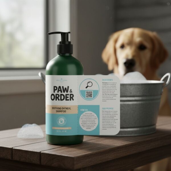 product label content for a dog shampoo bottle