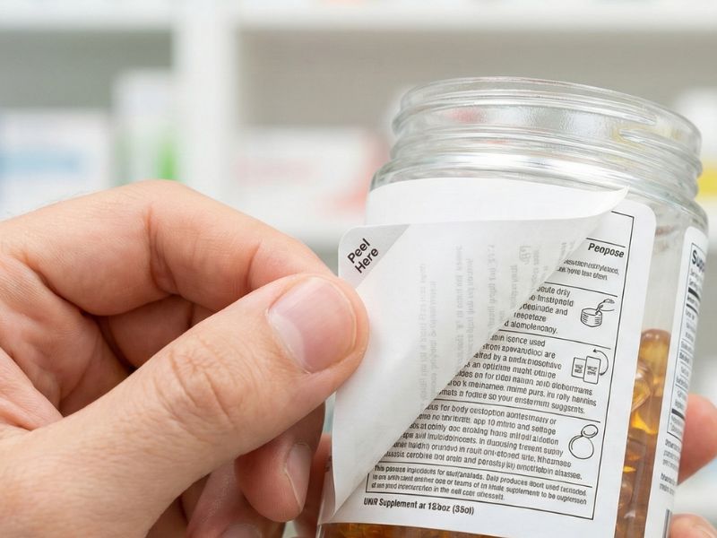 A close-up of a person’s hand peeling back the corner of a white "Peel Here" label on a clear plastic supplement jar. The peeling action reveals detailed black text and diagrams printed on the underside of the label and the layer beneath.