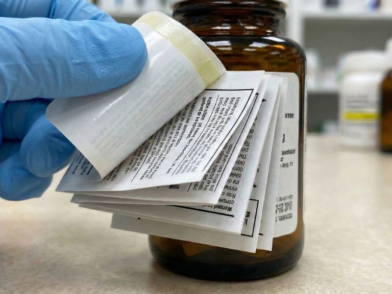 A close-up shot of a hand in a blue medical glove peeling back a multi-layered booklet label attached to an amber glass medicine bottle. The label fans out like a small book, showing multiple pages of densely printed clinical information.