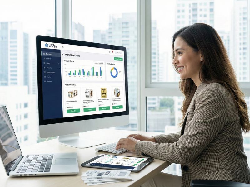 A professional woman smiles while working at a desk in a bright office with city views. She is looking at a large computer monitor displaying a "Custom Dashboard" with colorful analytics charts and a product catalog of various industrial labels.