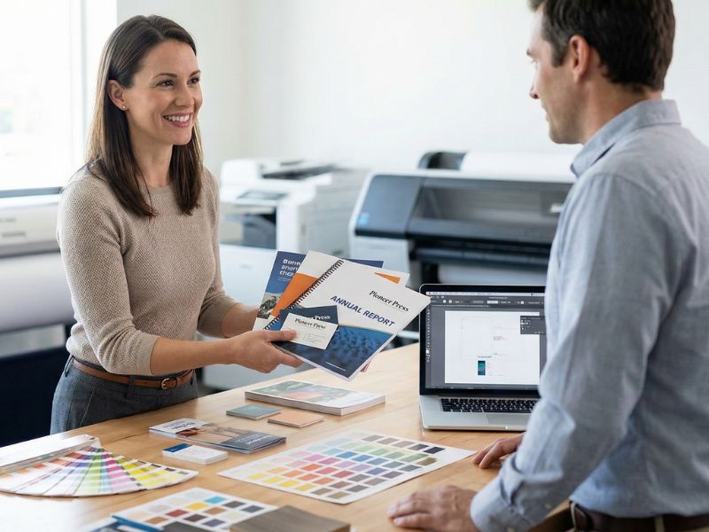 In a print shop setting, a smiling woman hands a set of printed samples, including a spiral-bound "Annual Report" and business cards, to a male colleague. A laptop, color swatches, and a large-format printer are visible on the wooden table between them.