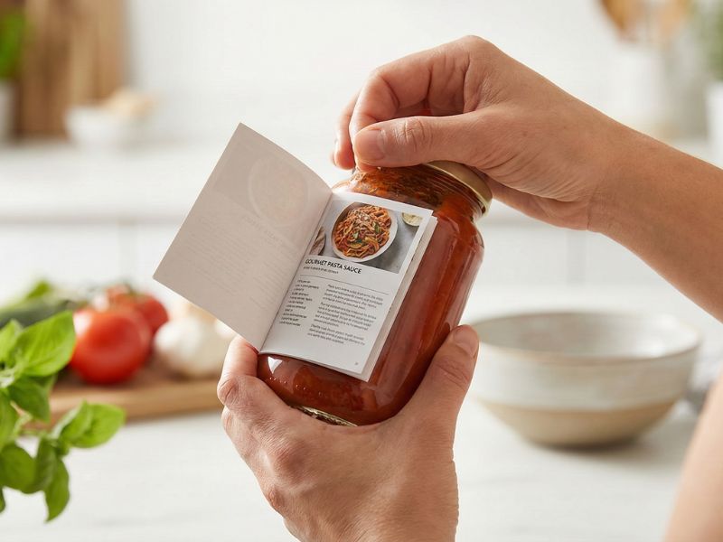 A person holds a glass jar of gourmet pasta sauce in a kitchen. They are opening a multi-page fold-out label on the back of the jar, which reveals a recipe and a photo of a finished pasta dish.