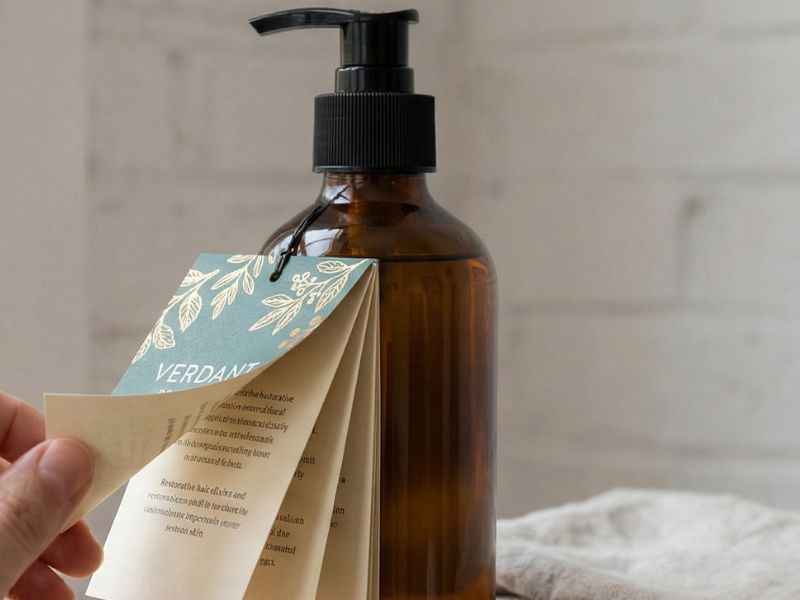 A close-up of an amber glass pump bottle with a decorative green and gold floral label. A hand is peeling back the top layer to reveal a multi-page booklet attached to the bottle containing product descriptions and instructions.