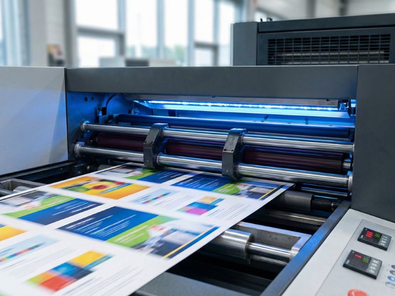 A high-angle shot of a professional digital printing press in operation. A sheet of vibrant, colorful marketing materials and labels is being fed through the rollers under a blue UV curing light.