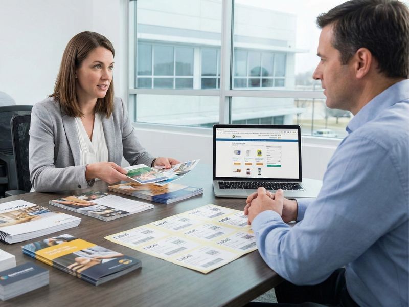 A woman in a grey blazer sits at a conference table, presenting printed label samples and brochures to a man. A laptop on the table shows an e-commerce website for ordering custom labels, and various label sheets are spread across the desk.